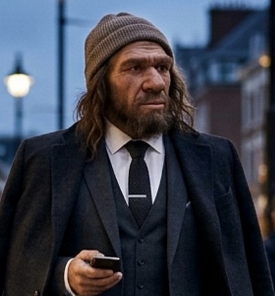 Homo di Neandertal in veste moderna (creato con AI)